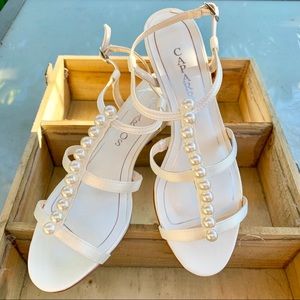 Low Wedge Thong Sandals with Pearls, Ivory, size 6